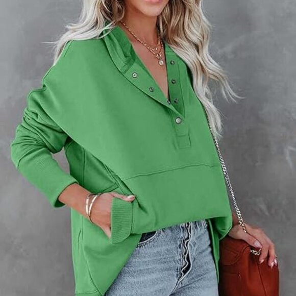 Onlypuff Women's Green Oversized V Neck 3/4 Snap Pullover Hoodie Size M NWOT - Picture 3 of 4